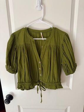 Free People Olive Green Crinkle Button-Front Tie-Waist Top